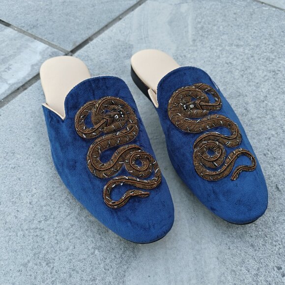 Mens Leather Shoes, Leather Slip-on Shoes, Embriodered shoes, Blue Velvet Shoes main image 4